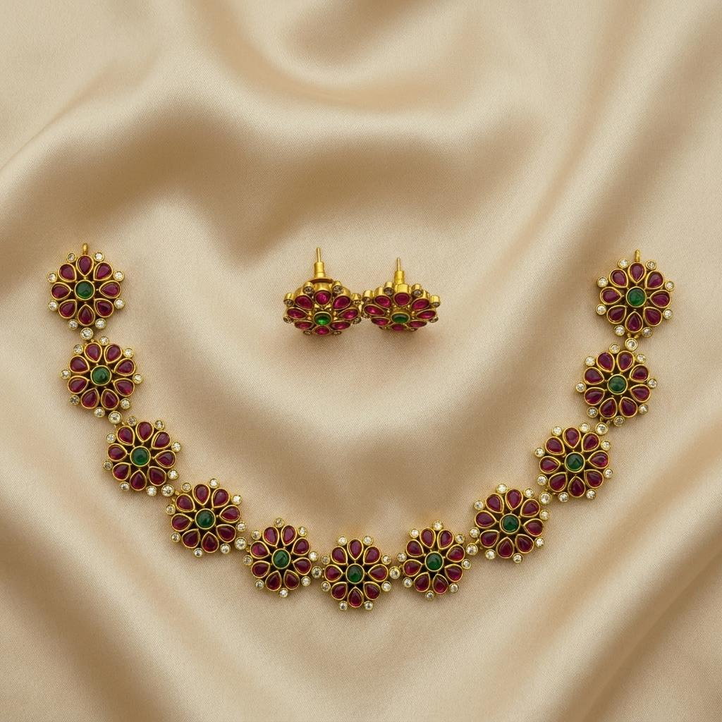 Ruby Emerald Floral Kundan Necklace Set