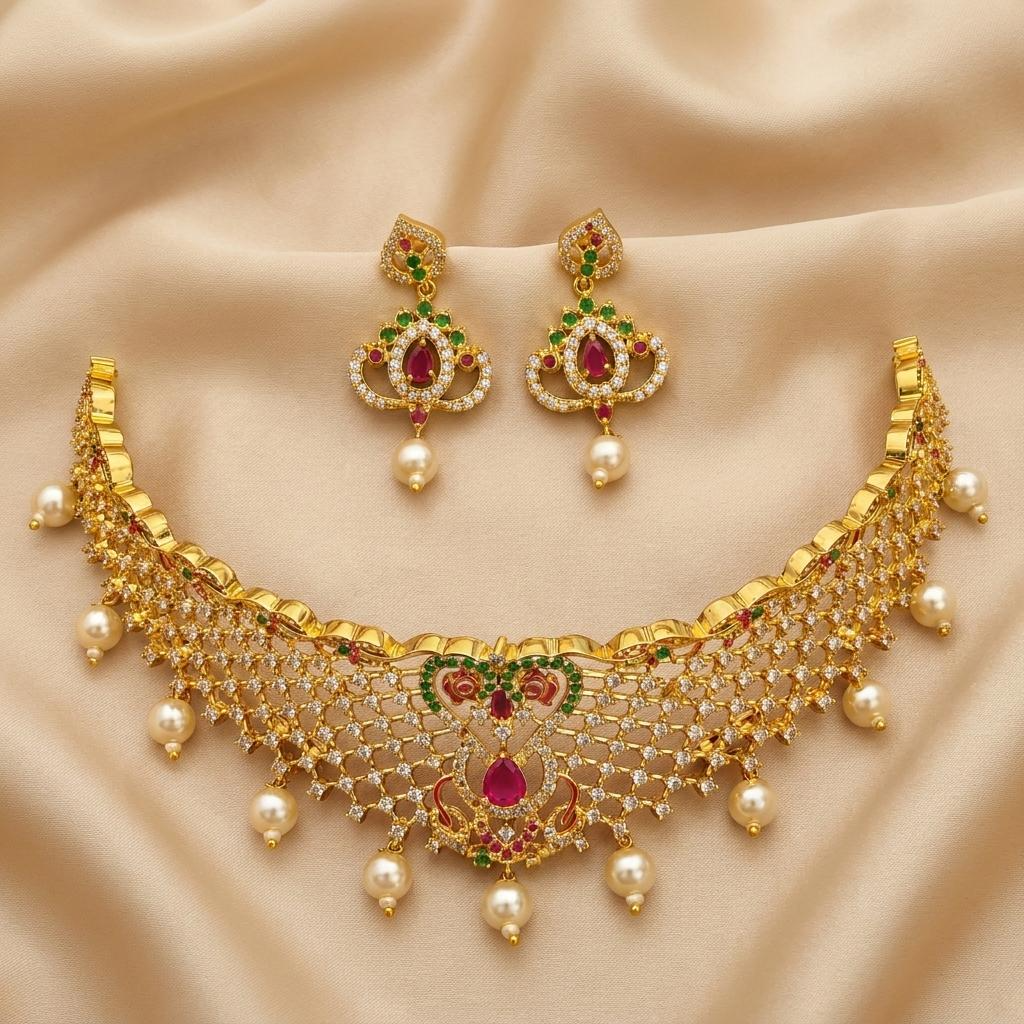Ruby Green CZ Pearl Choker Set for Kids / Girls