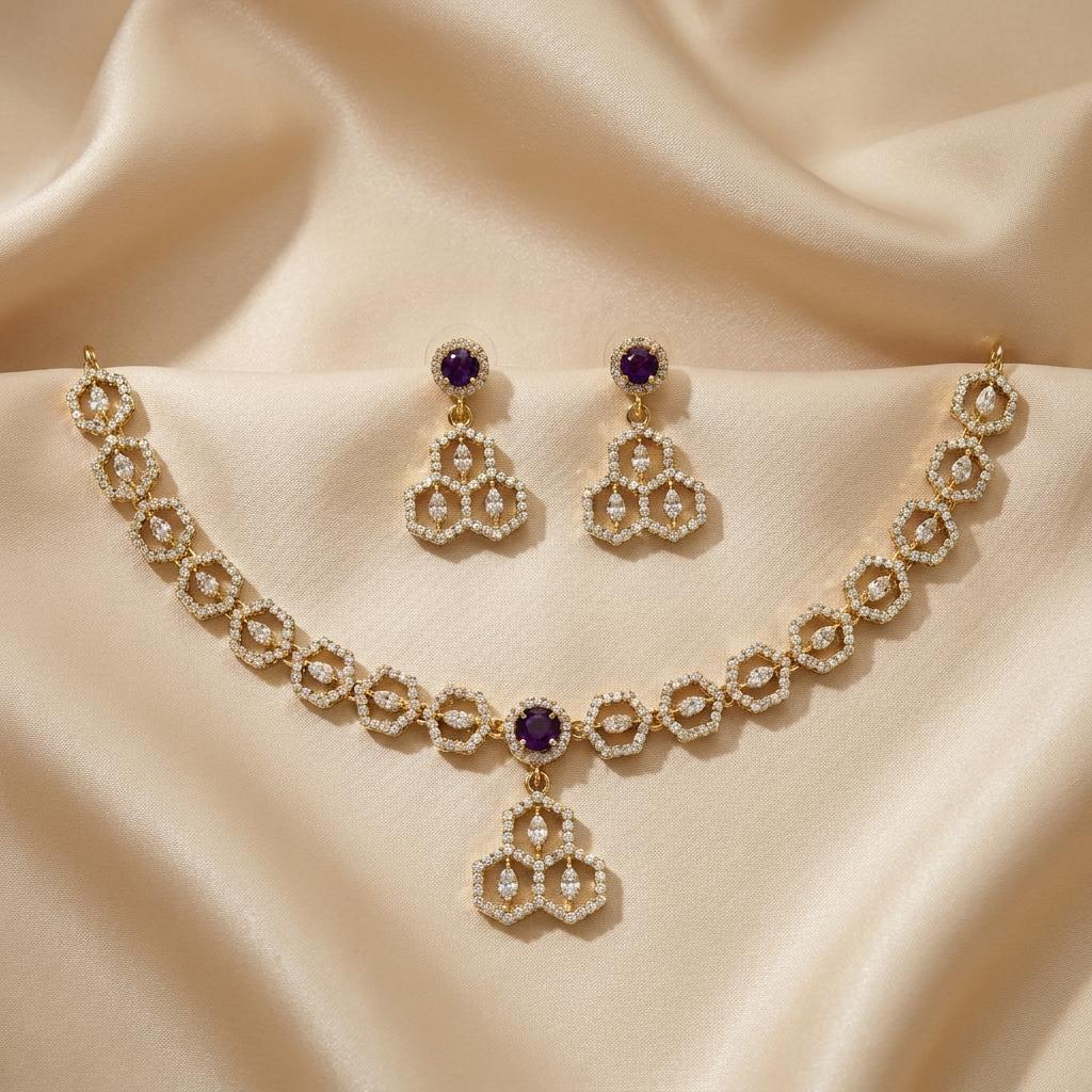 Purple CZ Pendant Necklace Set
