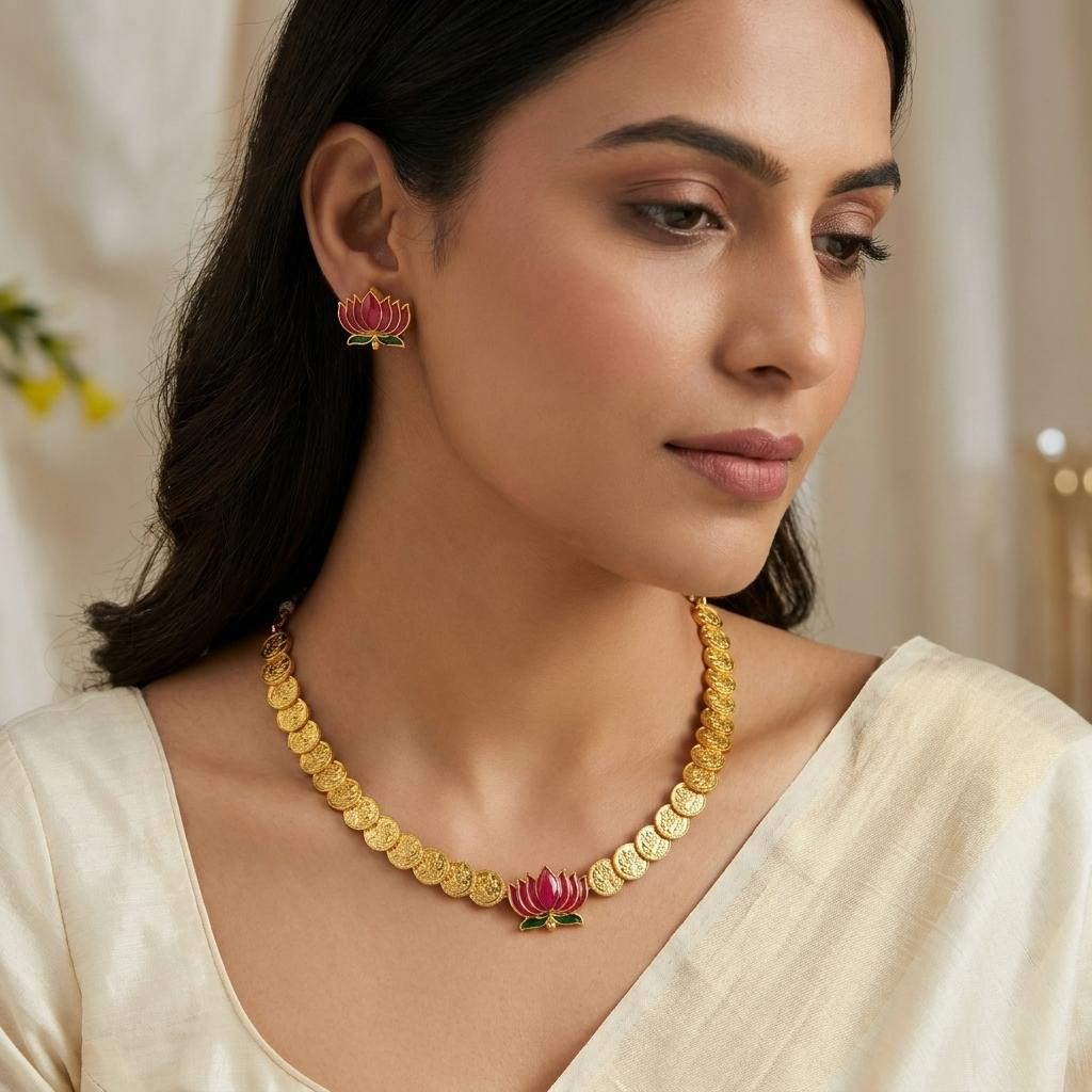 Lakshmi Coin Lotus Necklace Set