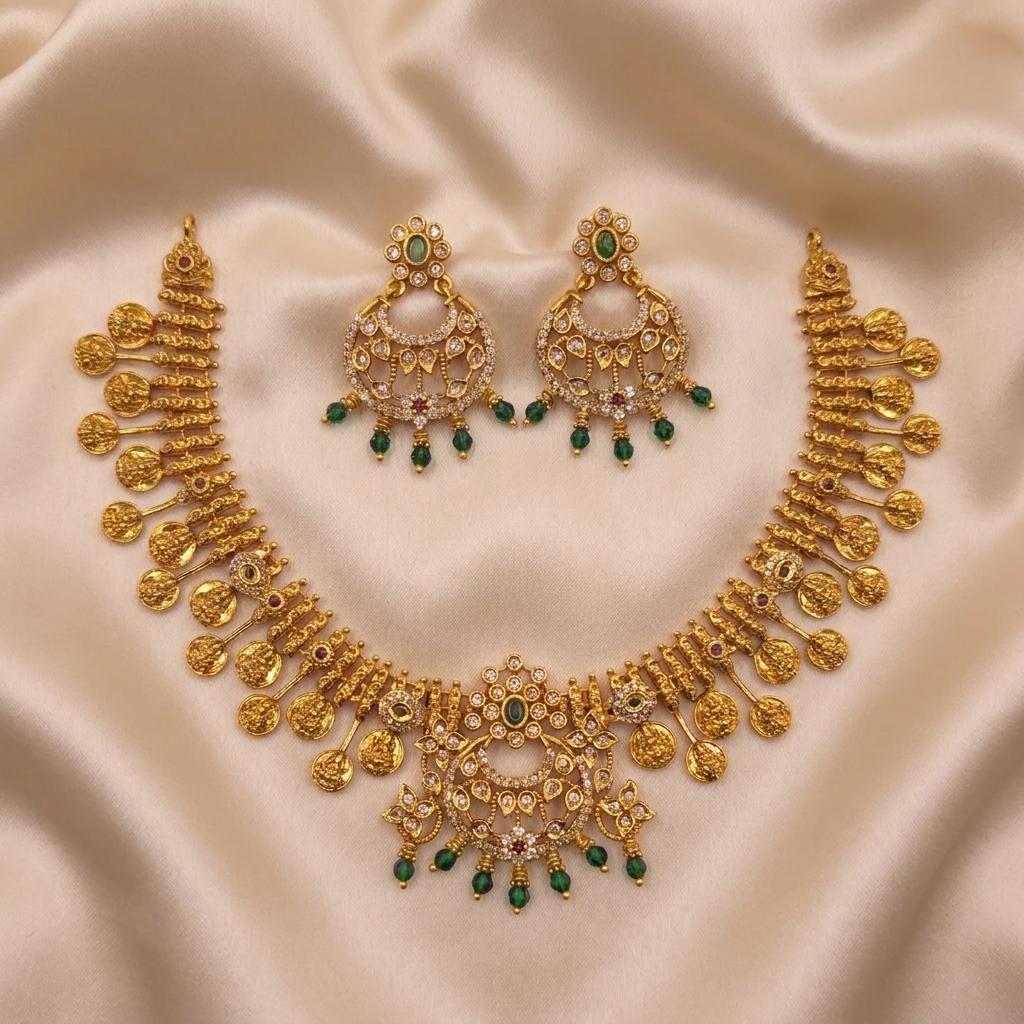 Lakshmi Green Bead Coin Necklace Set