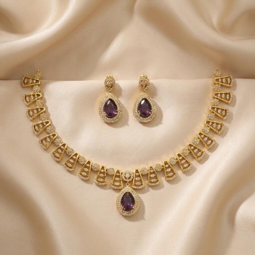 Purple Teardrop CZ Necklace Set