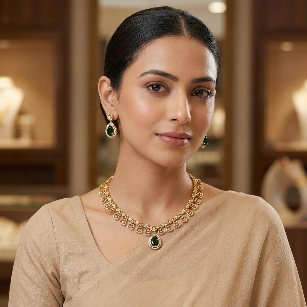 Green Teardrop CZ Necklace Set