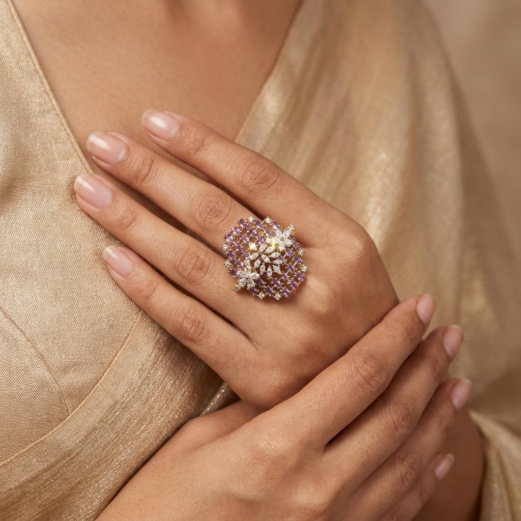 Amethyst Floral Cascade Statement Ring