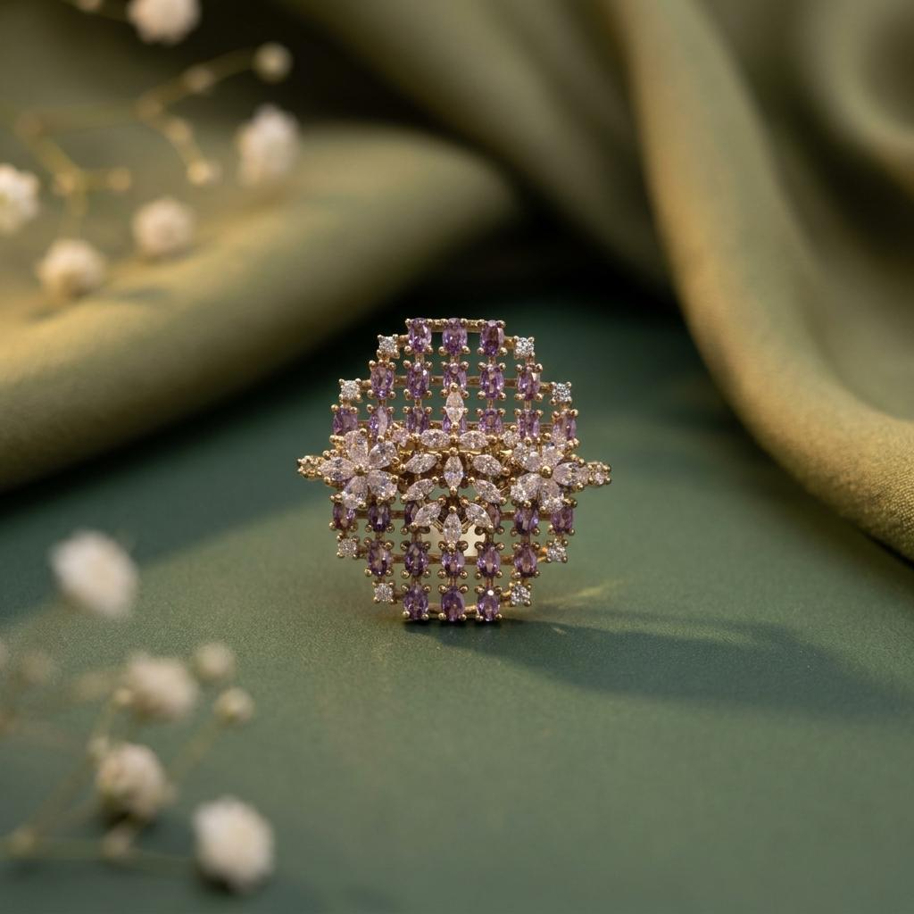 Amethyst Floral Cascade Statement Ring