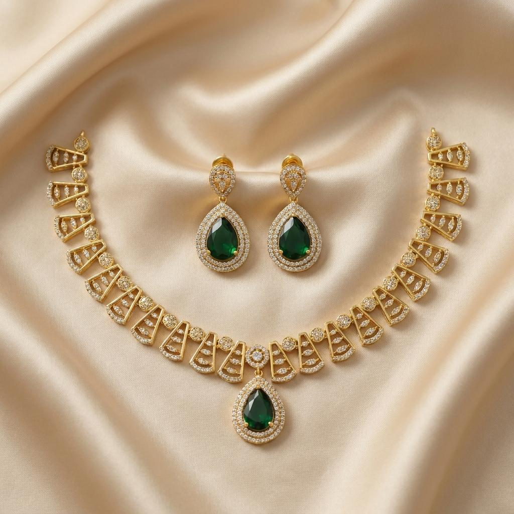 Green Teardrop CZ Necklace Set
