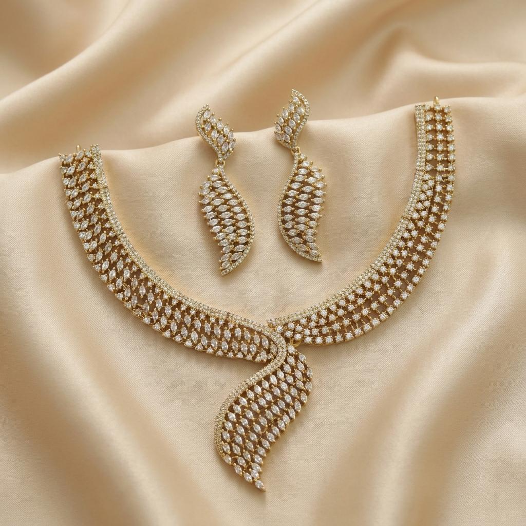 Elegant CZ Leaf Necklace Set