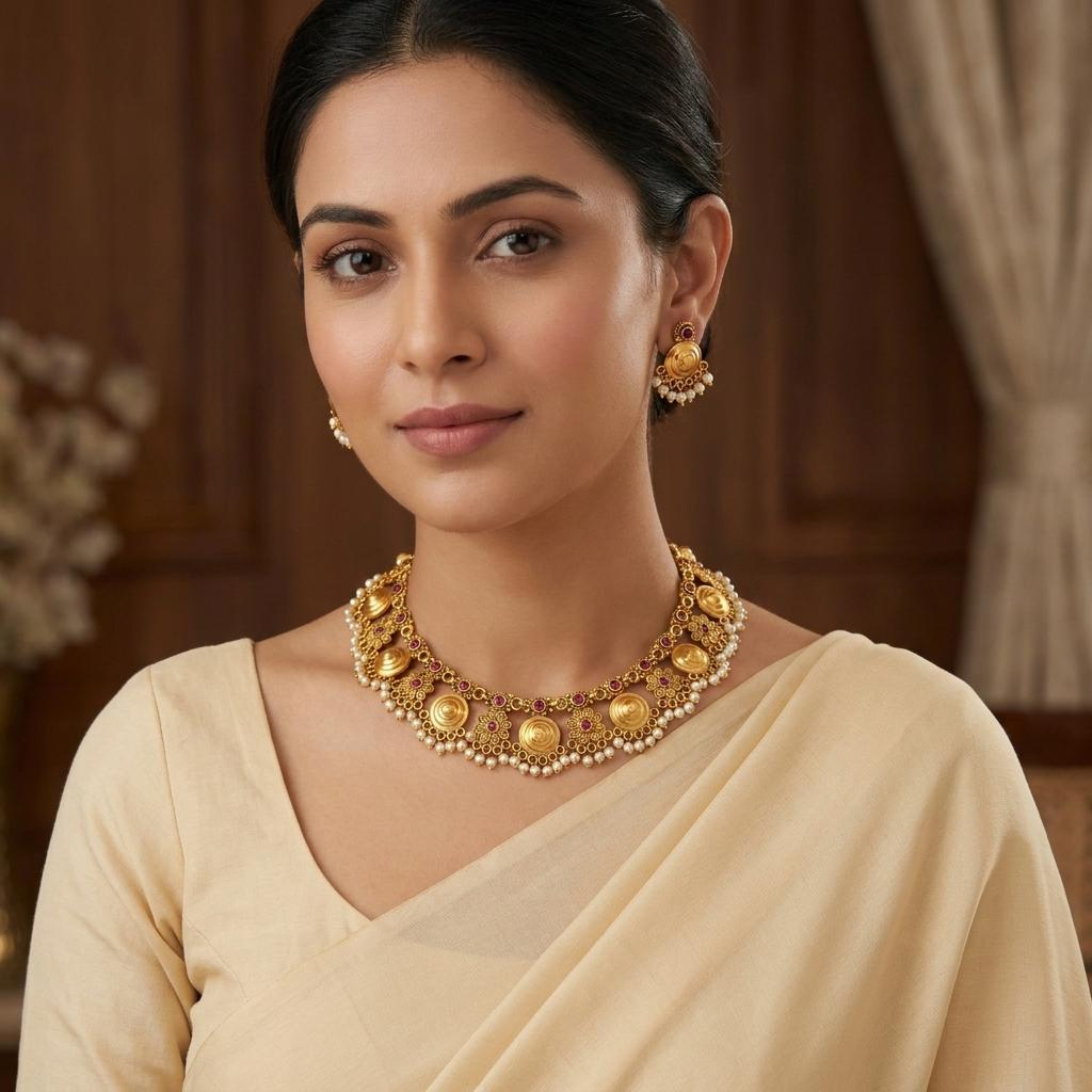 Antique Gold Coin Floral Choker Set