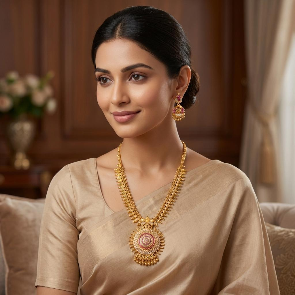 Sunburst CZ Ruby Necklace Jhumka Set