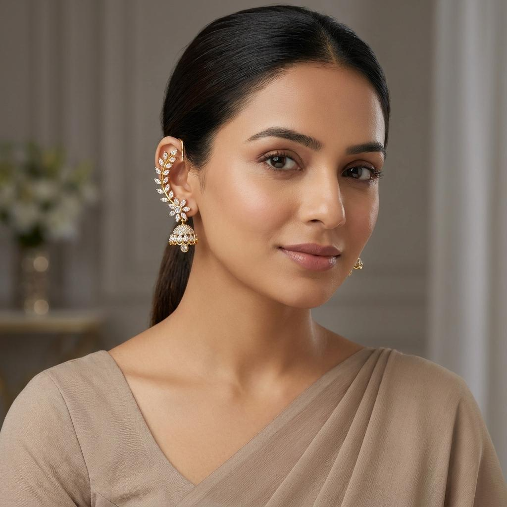Floral Leaf CZ Jhumka Earrings