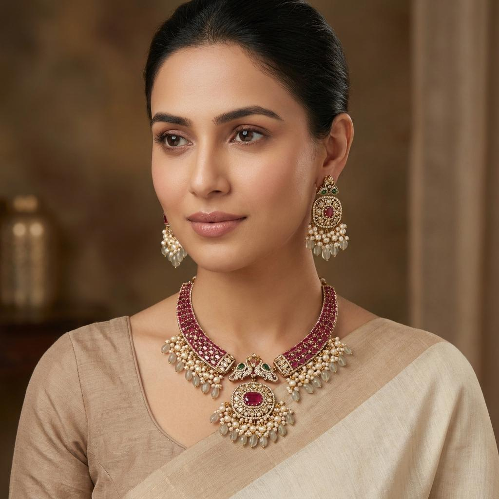 Peacock Ruby Kundan Choker Necklace Set
