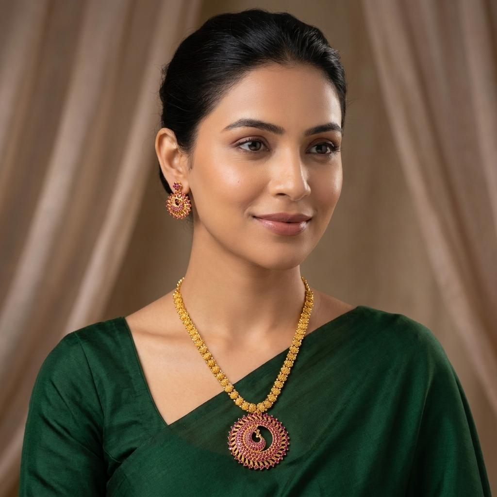Peacock CZ Ruby Long Necklace Set