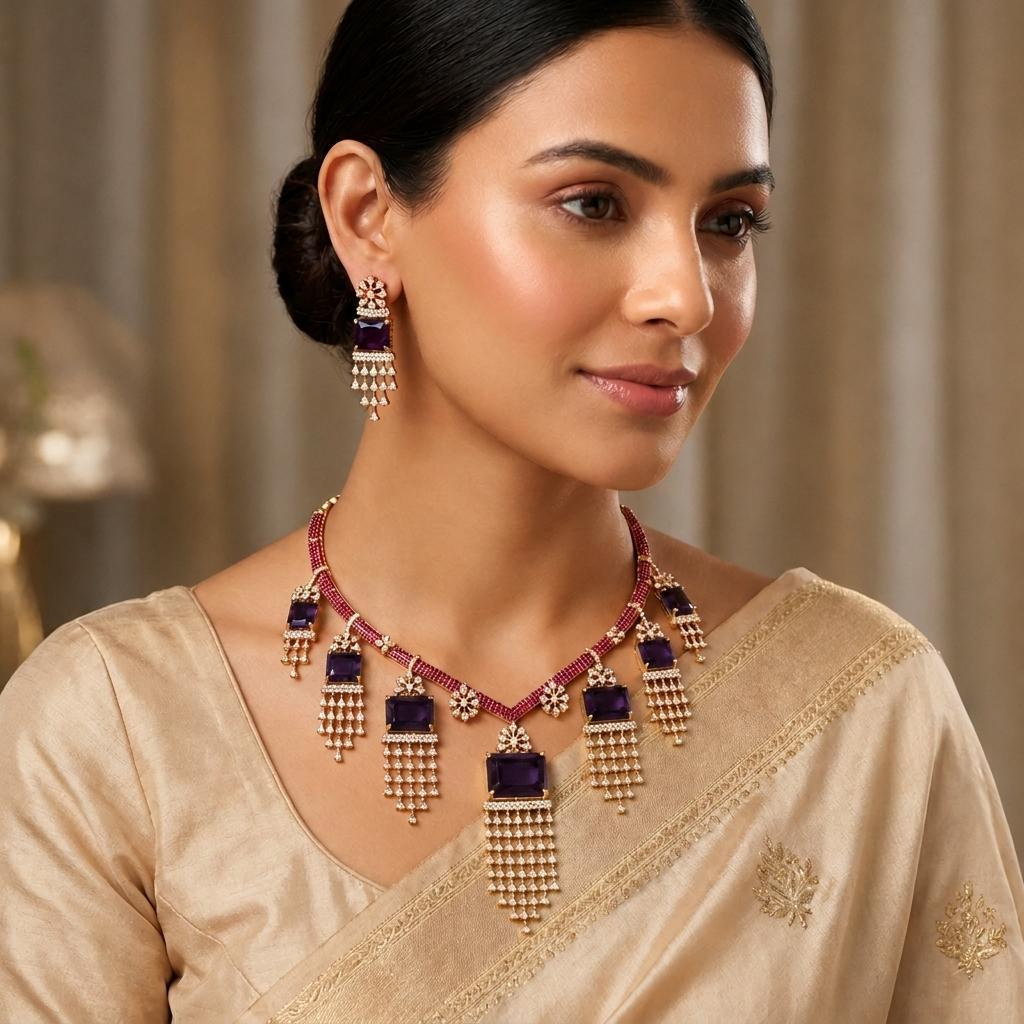 Purple Stone CZ Drop Necklace Set