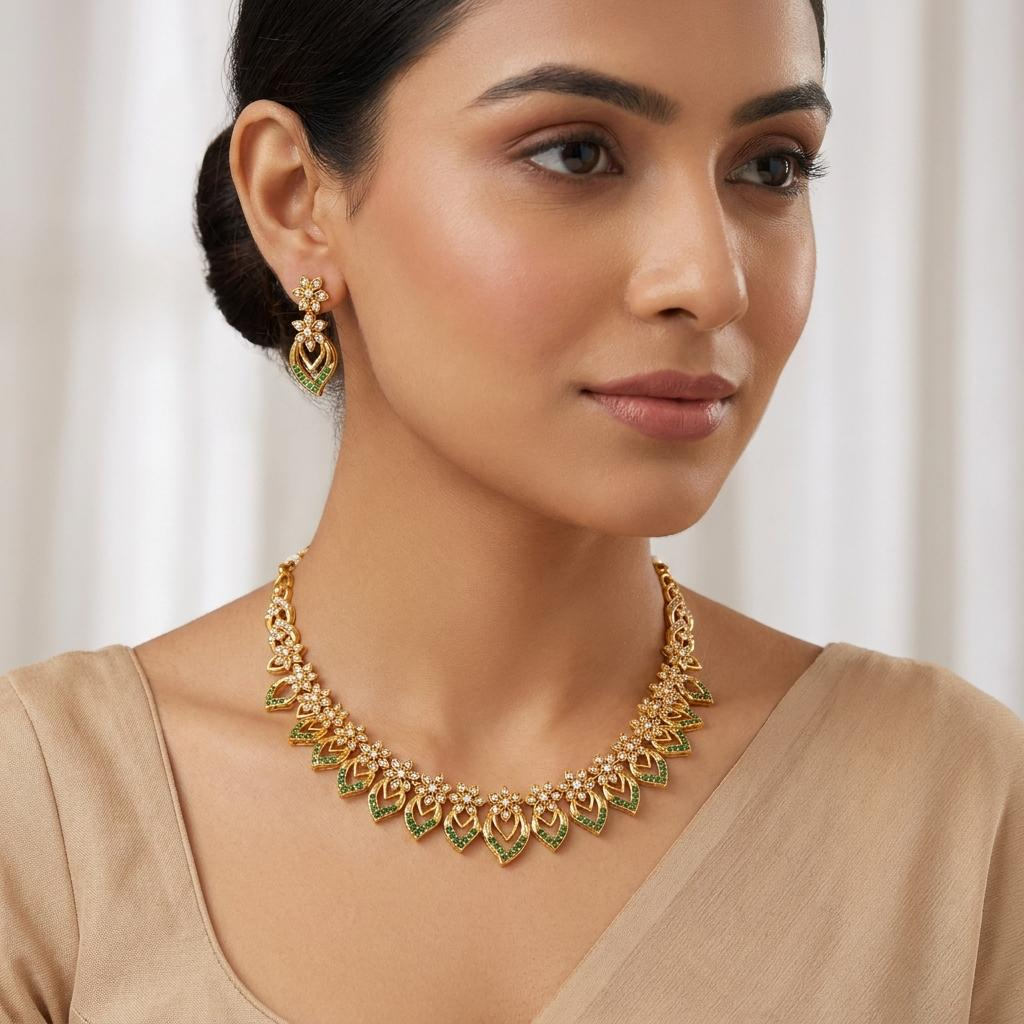 Emerald CZ Floral Leaf Necklace Set