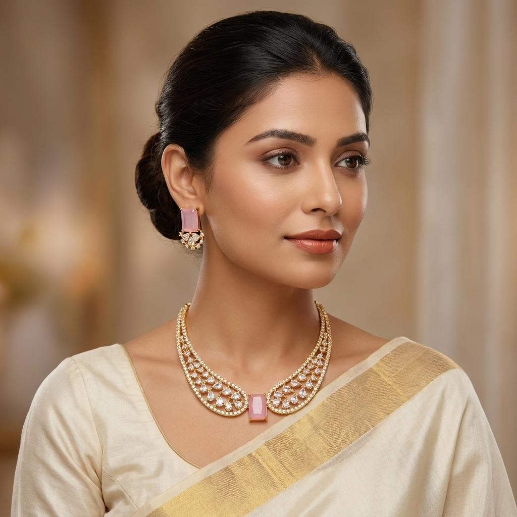 Pastel Pink CZ Premium Bridal Hasli Neckpiece