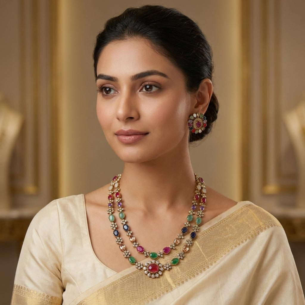 Rainbow Navaratna Double Layer Necklace Set
