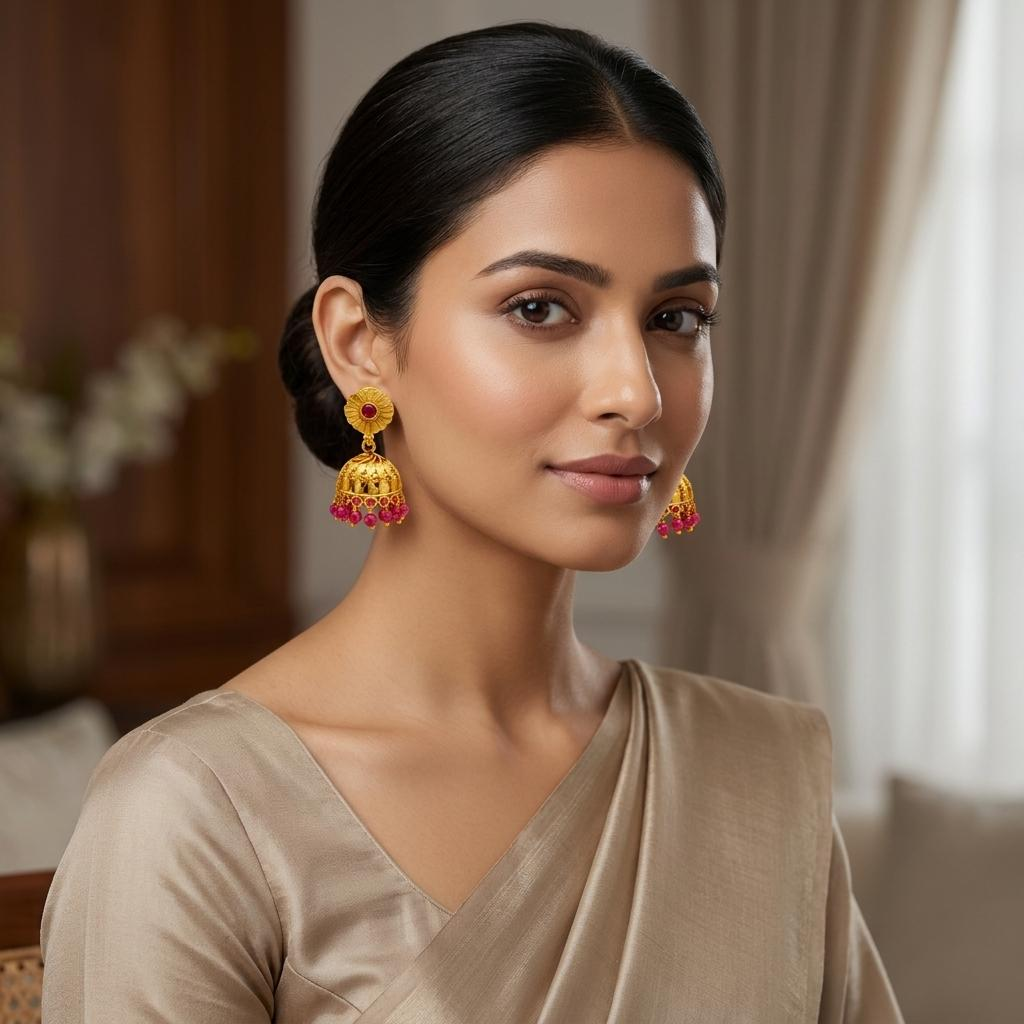 Antique Ruby Blossom Jhumka Earrings (Small)