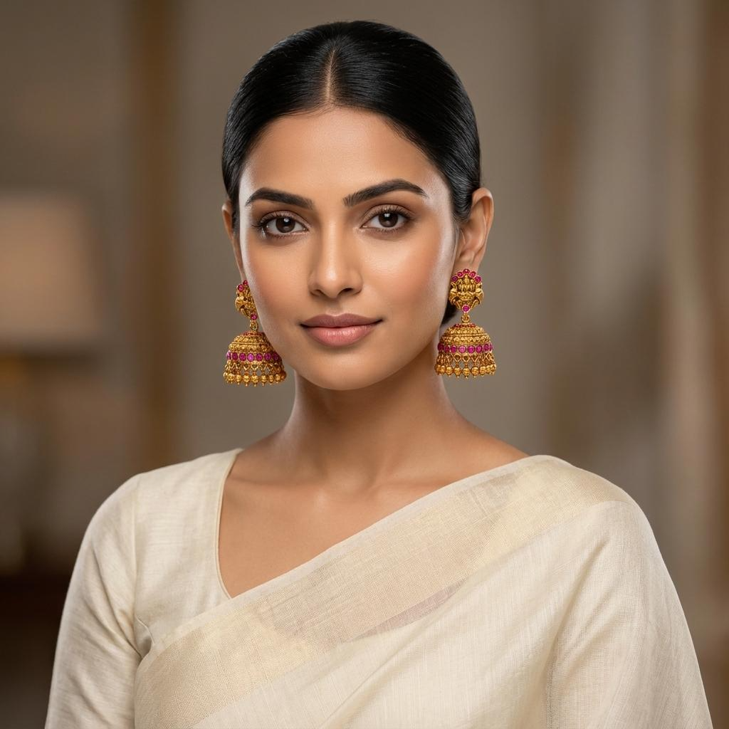 Lakshmi Temple Tiered Jhumka Earrings (Ruby)