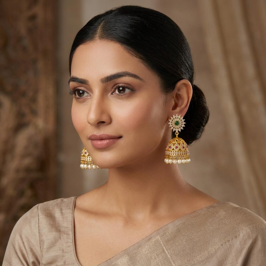 CZ Sunburst Ruby Pearl Jhumka