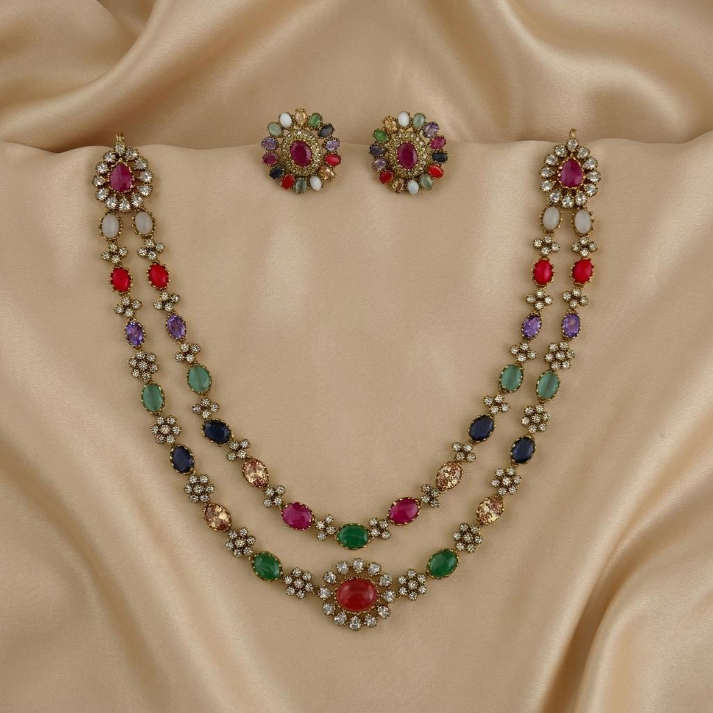 Rainbow Navaratna Victorian Double Layer Necklace Set