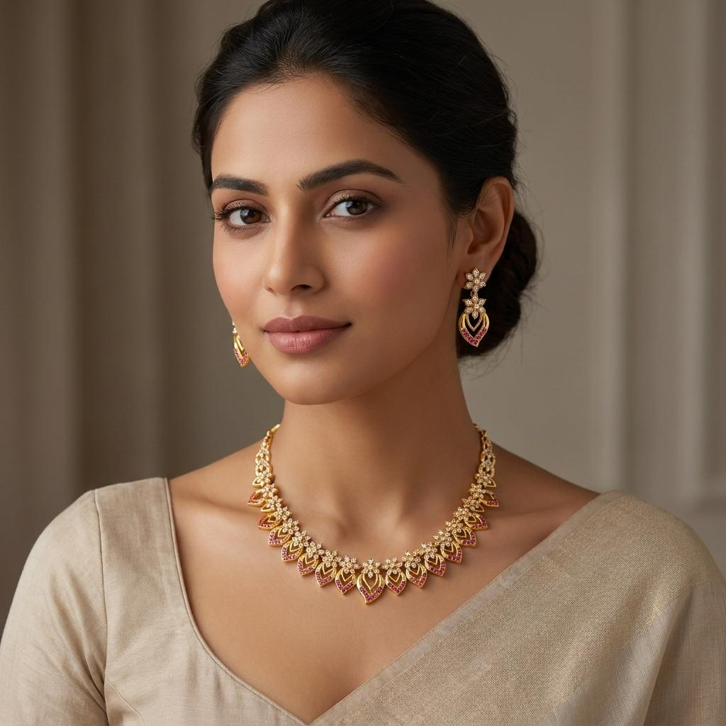 Ruby CZ Floral Leaf Necklace Set