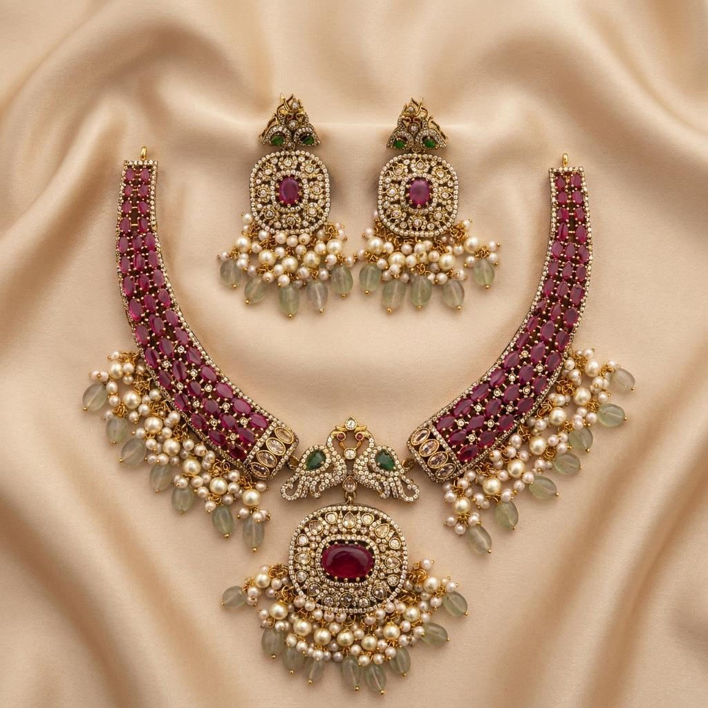 Peacock Ruby Kundan Choker Necklace Set