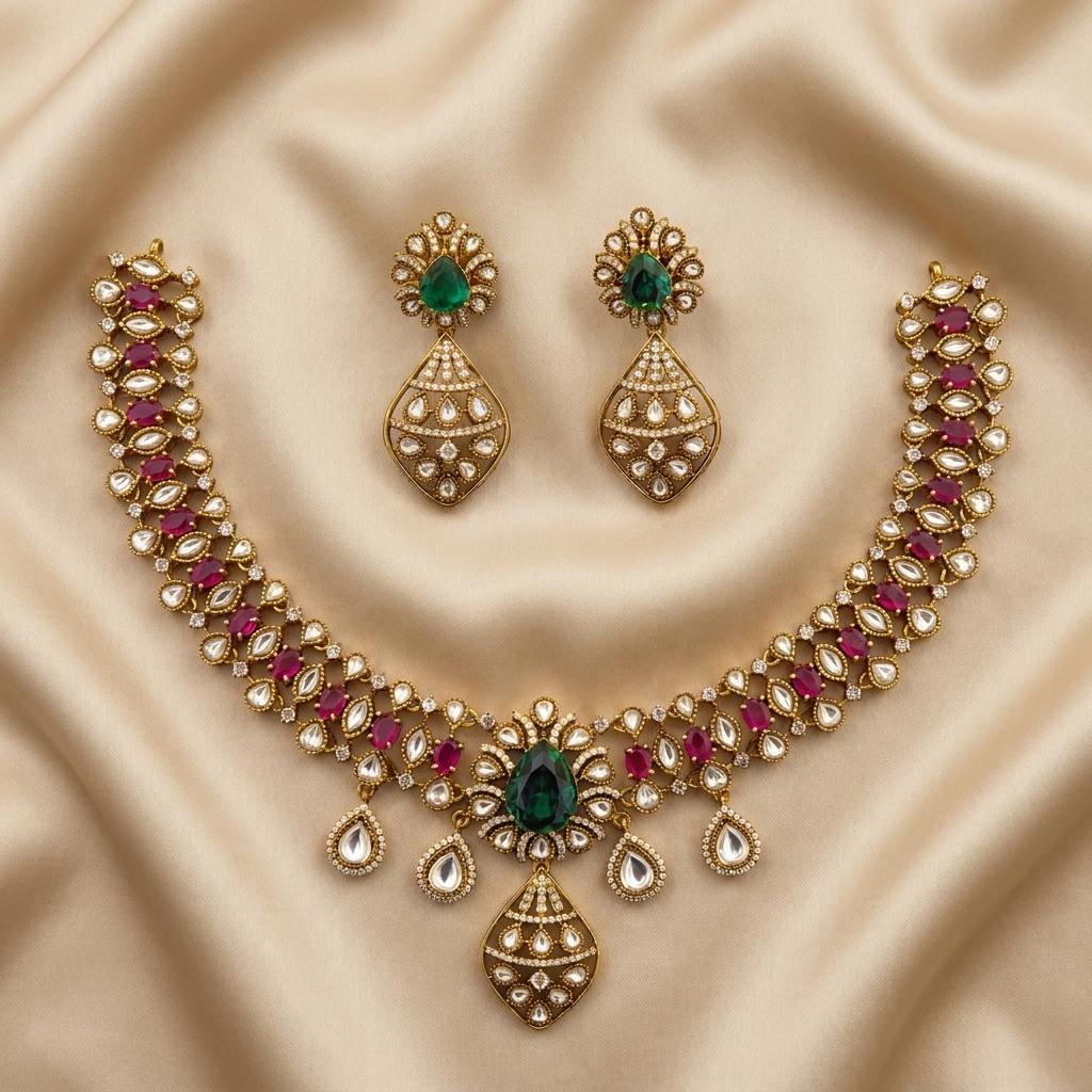 Emerald Ruby Kundan Necklace Set