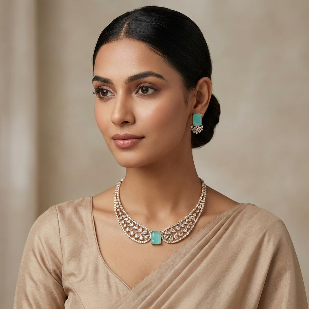 Pastel Green CZ Premium Bridal Hasli Neckpiece
