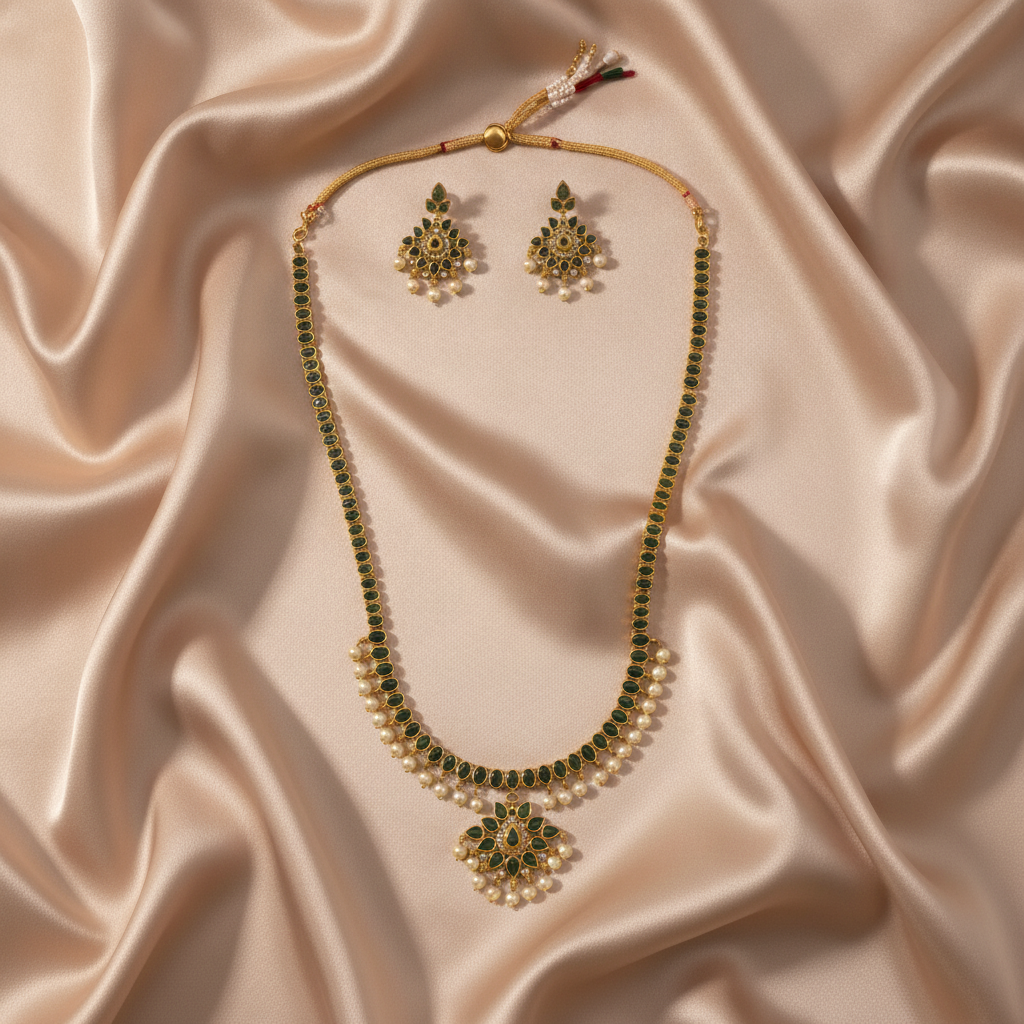 Emerald Pearl Long Necklace Set