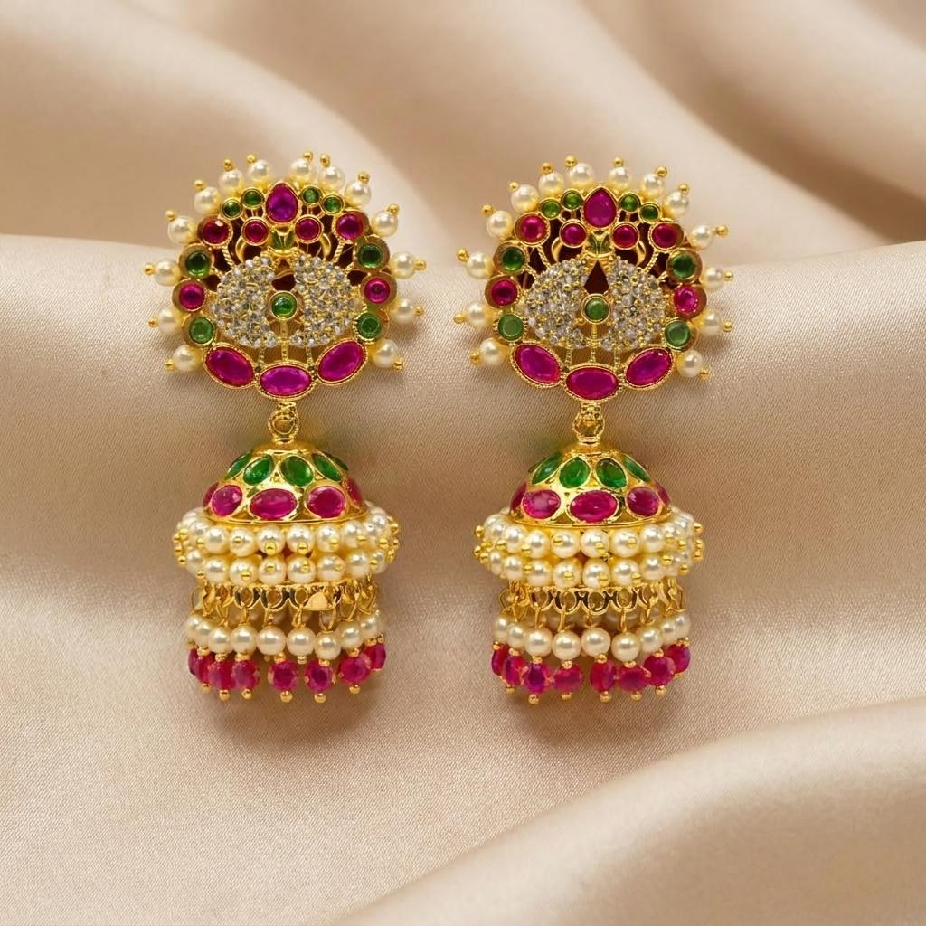 Pearl Cluster Ruby Emerald CZ Jhumka
