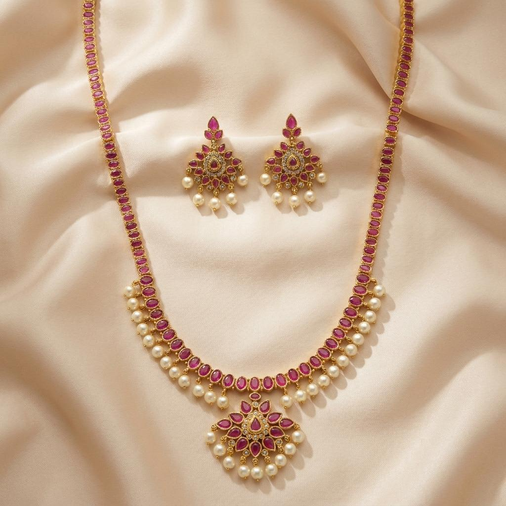 Ruby Pearl Long Necklace Set