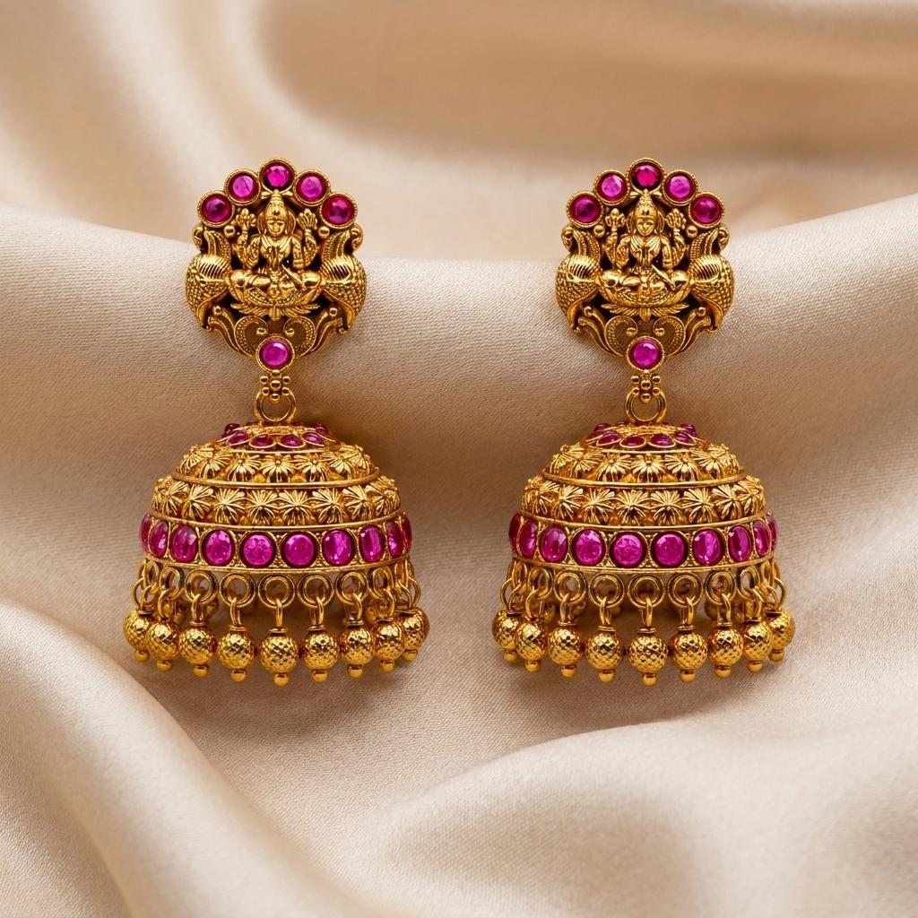 Lakshmi Temple Tiered Jhumka Earrings (Ruby)