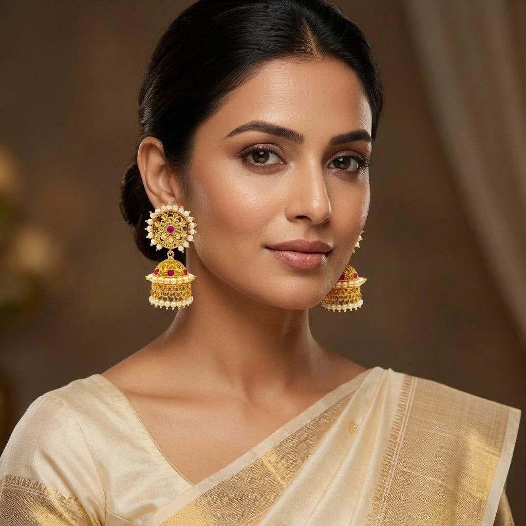 Pearl Sunburst Ruby CZ Jhumka