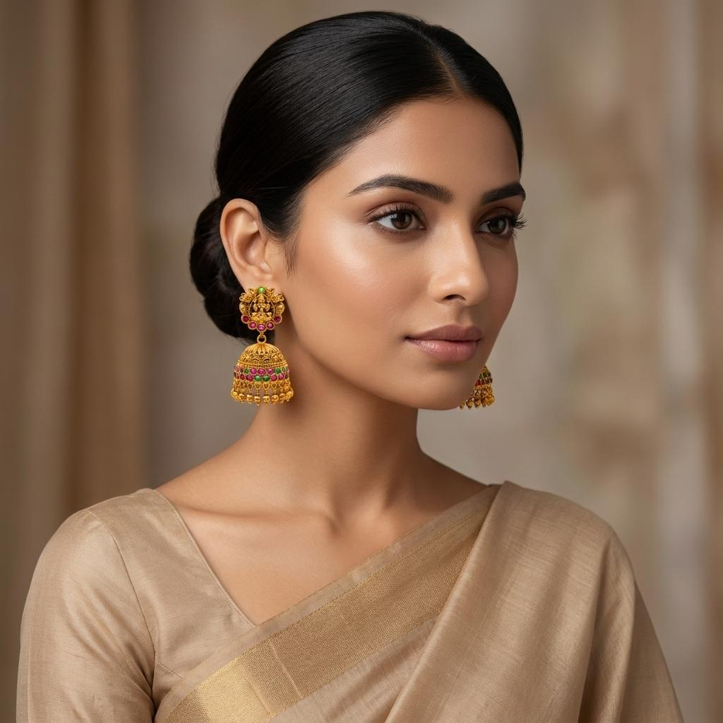 Lakshmi Temple Jhumka Earrings (Ruby & Emerald)