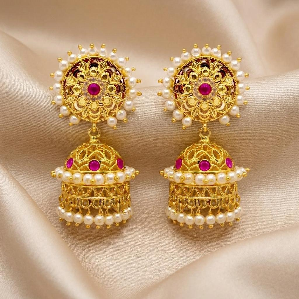 Pearl Sunburst Ruby CZ Jhumka