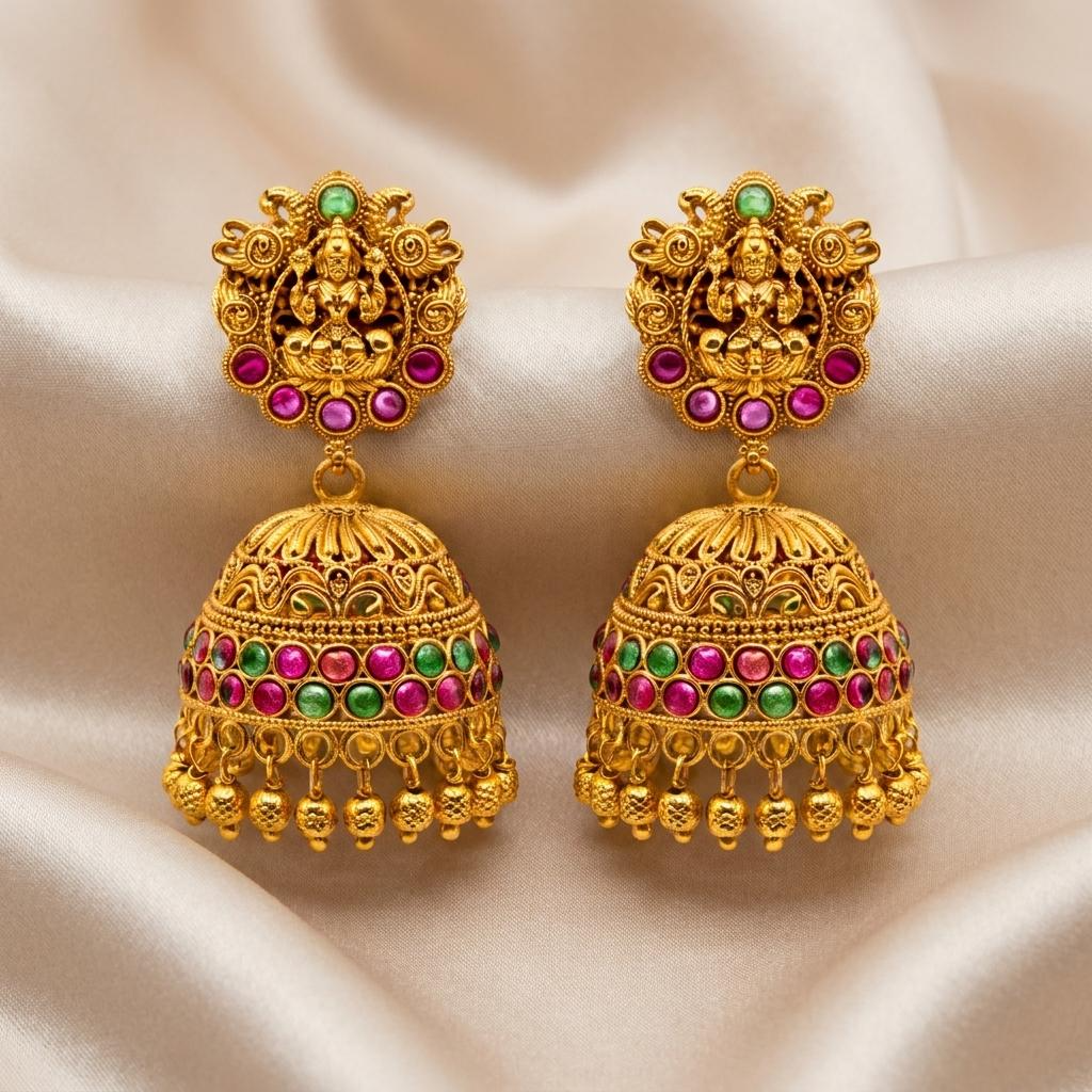 Lakshmi Temple Jhumka Earrings (Ruby & Emerald)