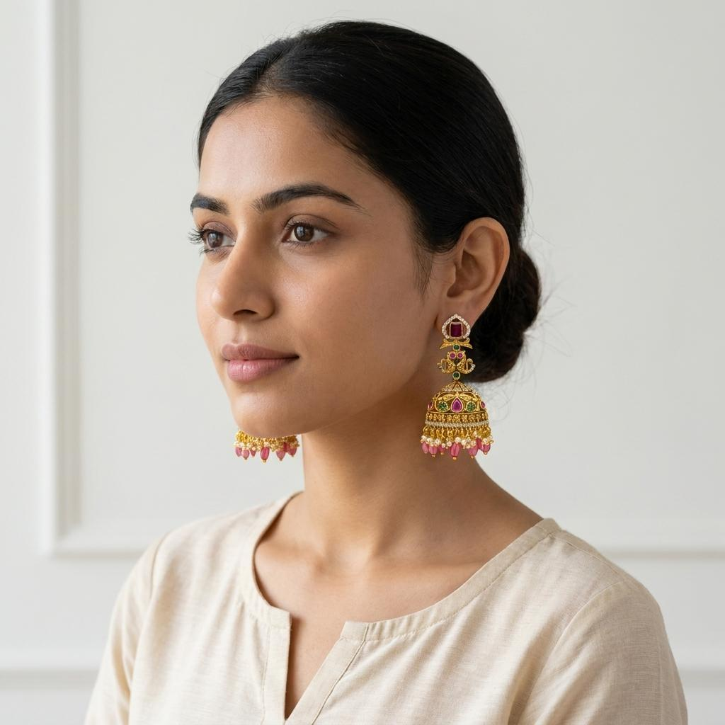 Peacock Pearl Crystal Jhumka