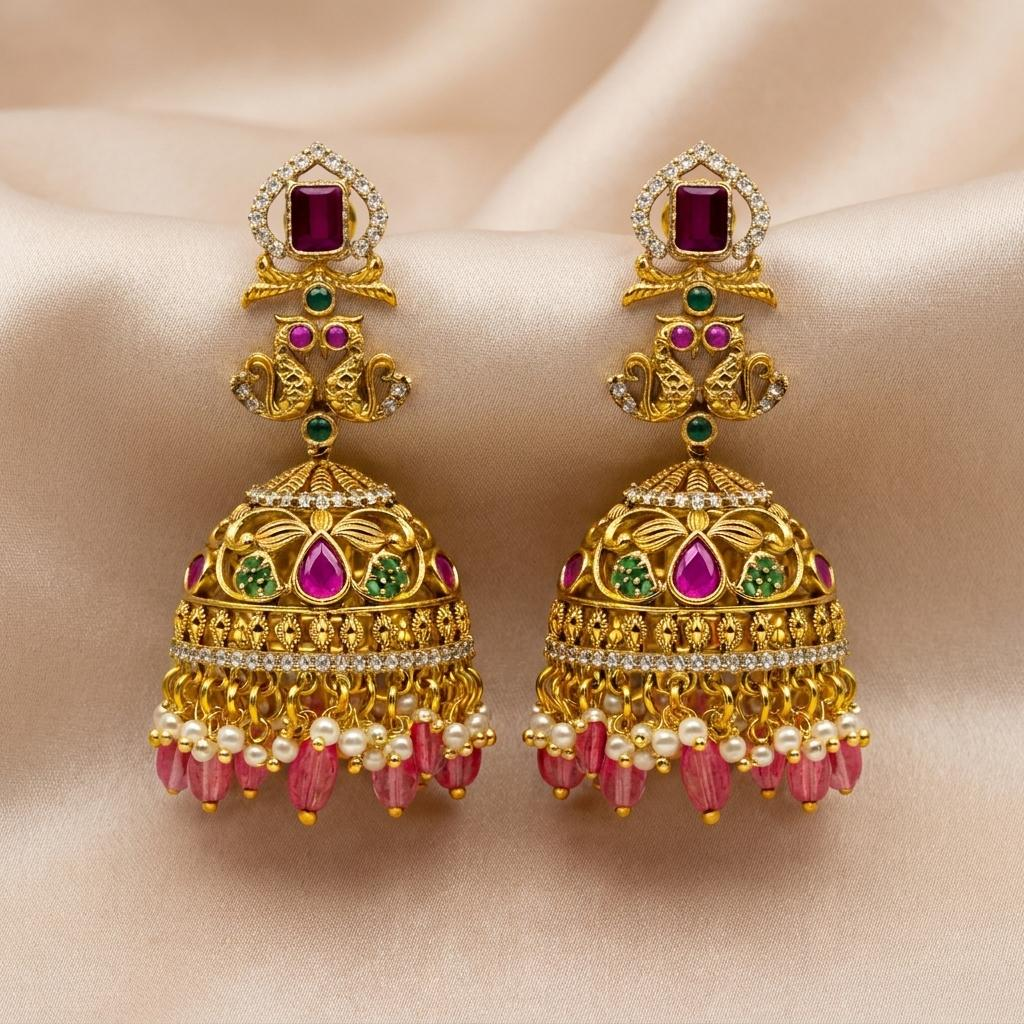 Peacock Pearl Crystal Jhumka