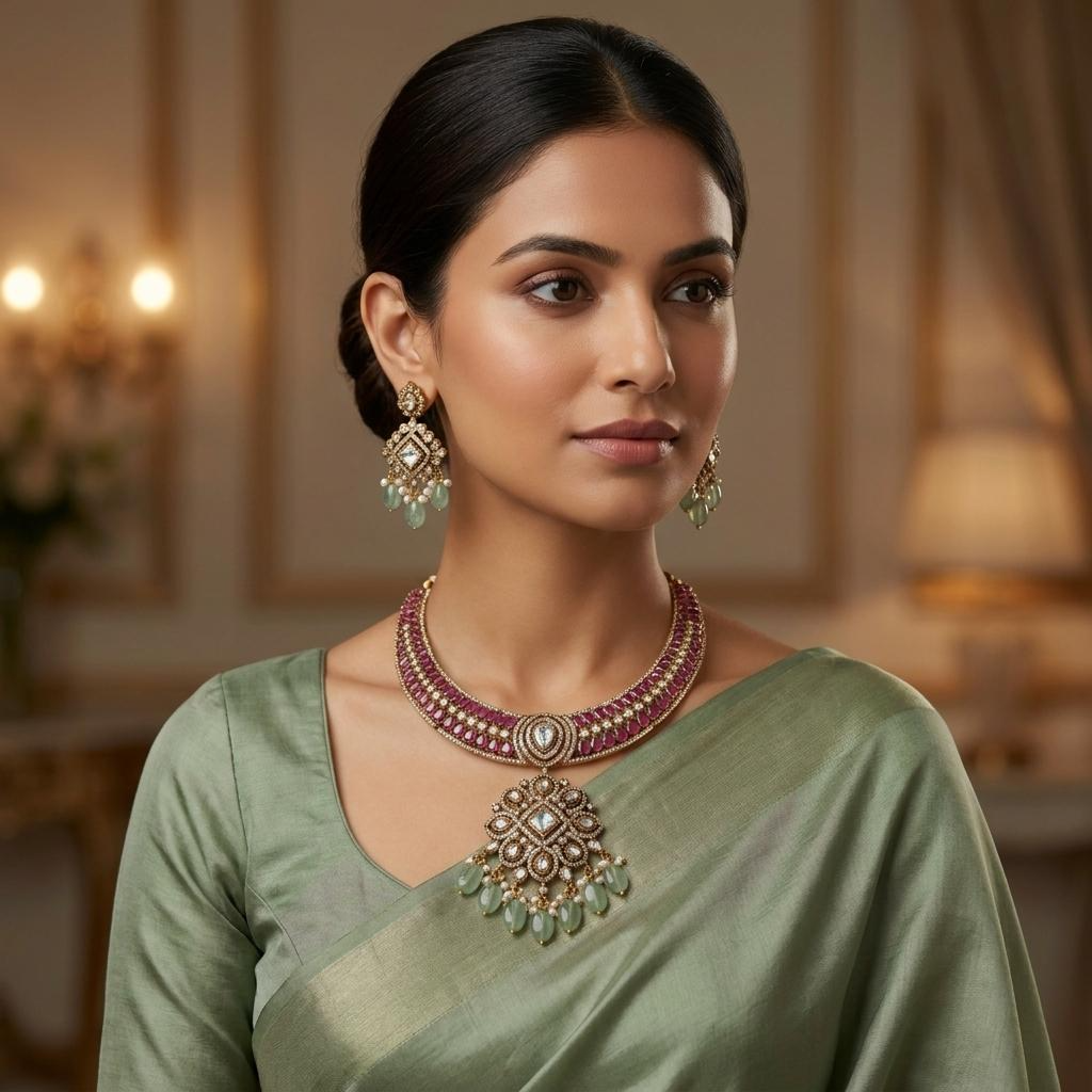 Ruby Pink Antique Choker Set with Mint Beads