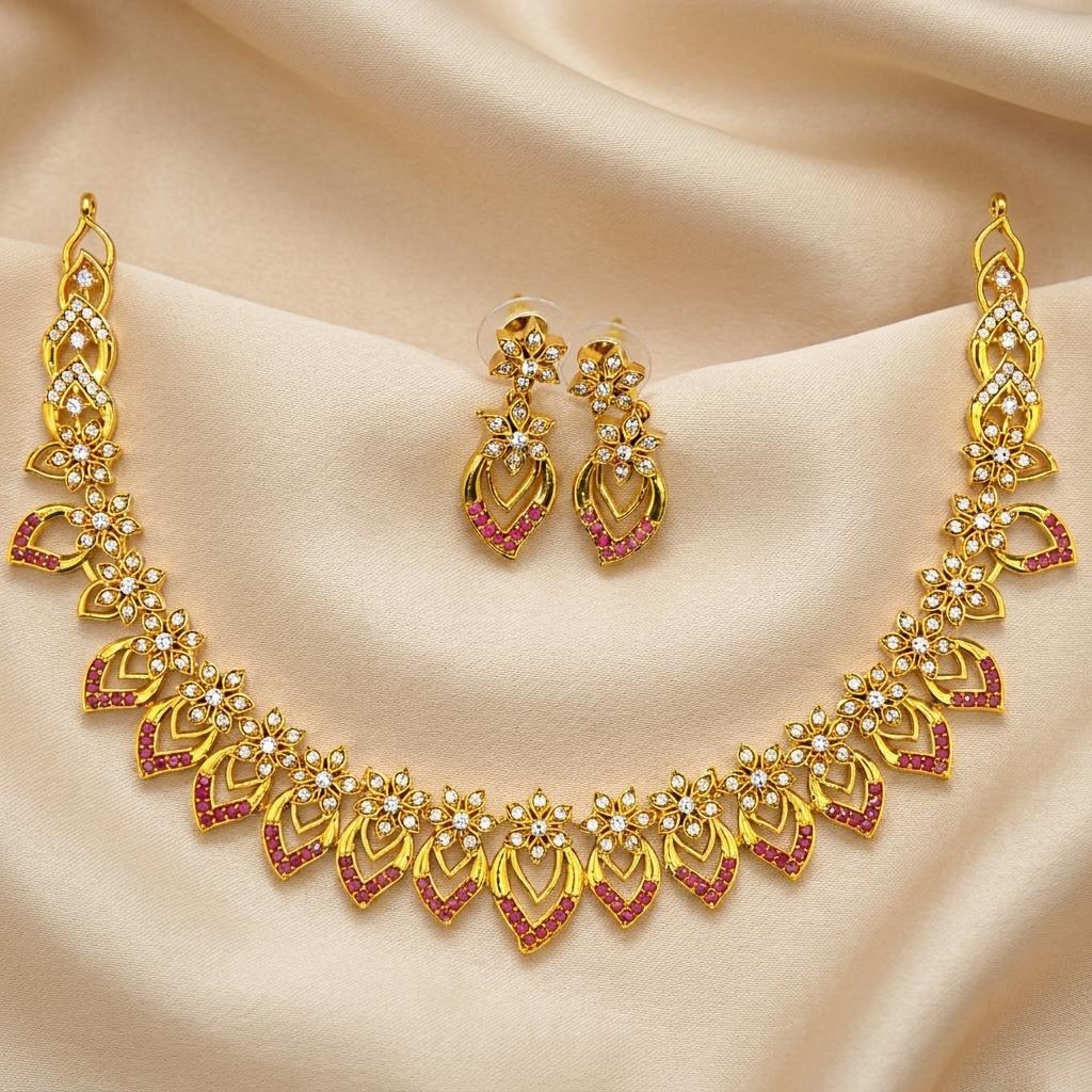 Ruby CZ Floral Leaf Necklace Set