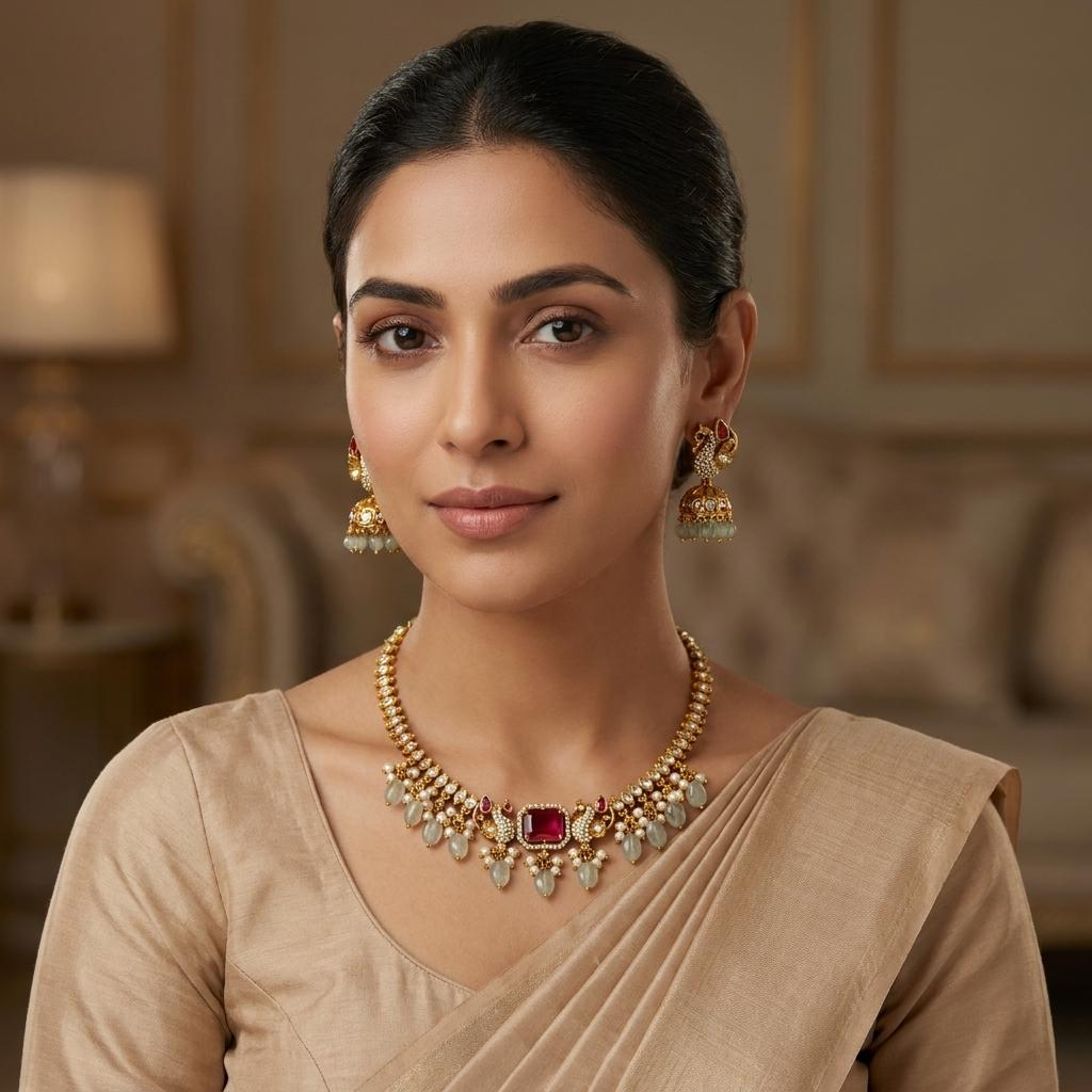 Peacock Kundan Ruby CZ Choker Set