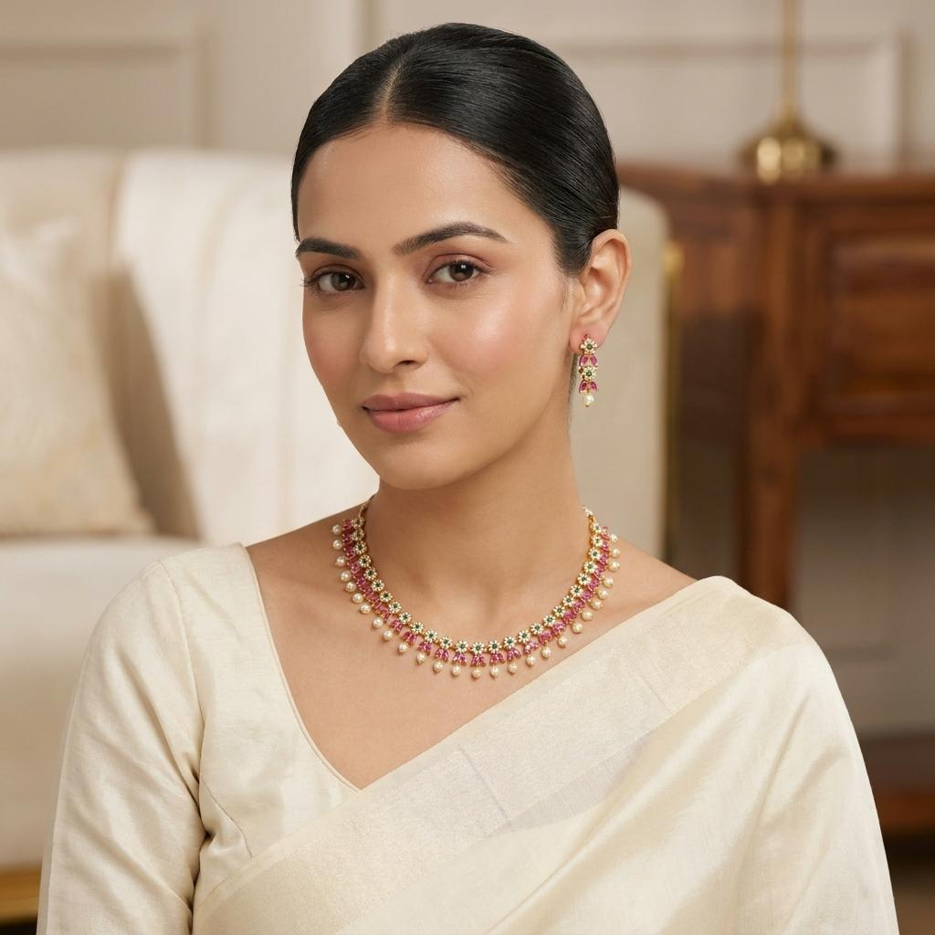 Ruby Pearl Floral Necklace Set