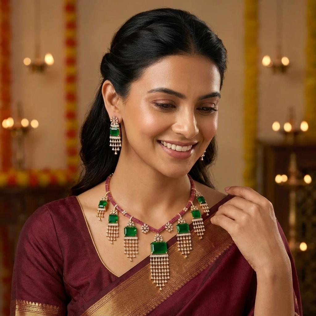 Green Stone CZ Drop Necklace Set