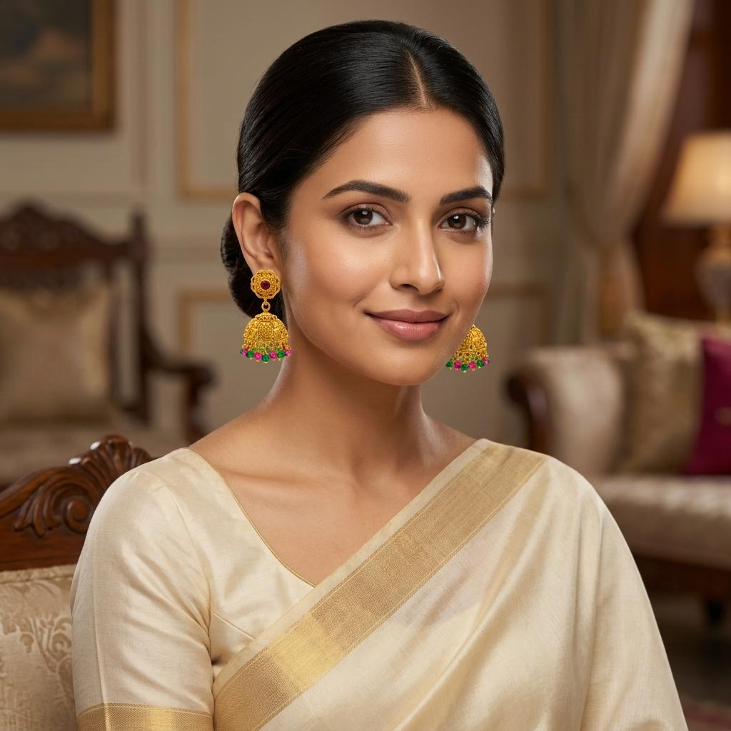 Nakshi Floral Ruby Emerald Jhumka