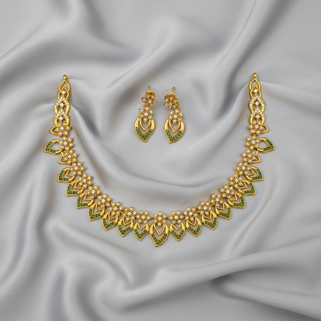 Emerald CZ Floral Leaf Necklace Set