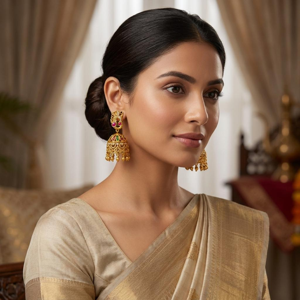 Peacock Filigree Ruby Emerald Jhumka