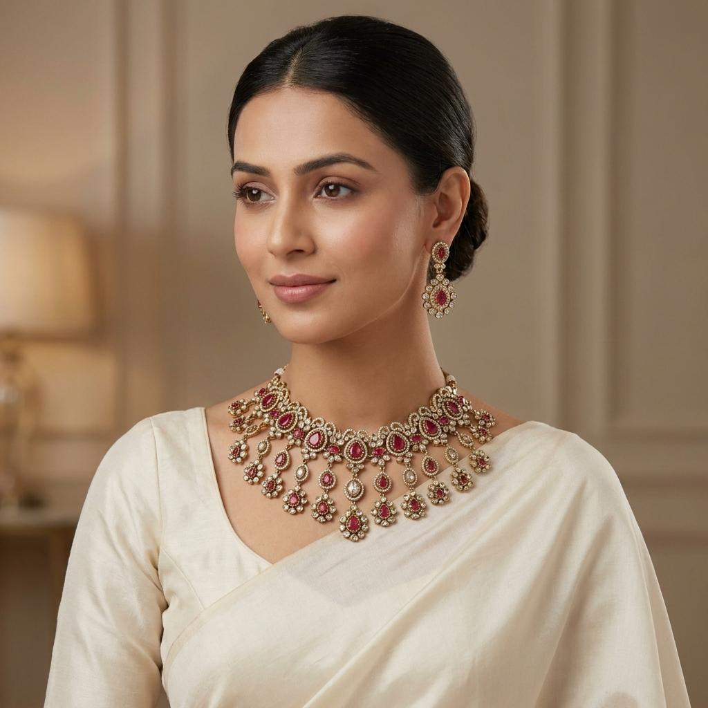 Blush Red Victorian Kundan Bridal Choker Set