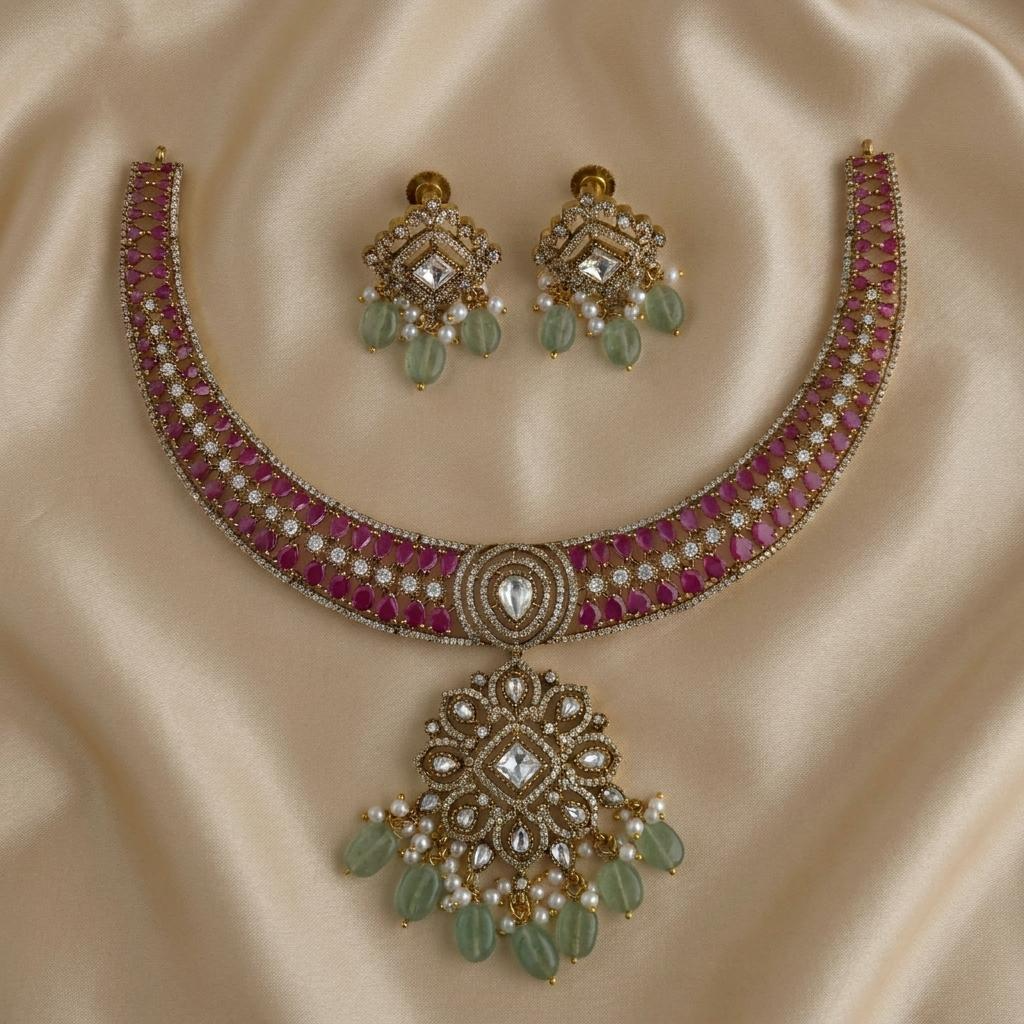 Ruby Pink Antique Victorian Hasli Set with Mint Beads