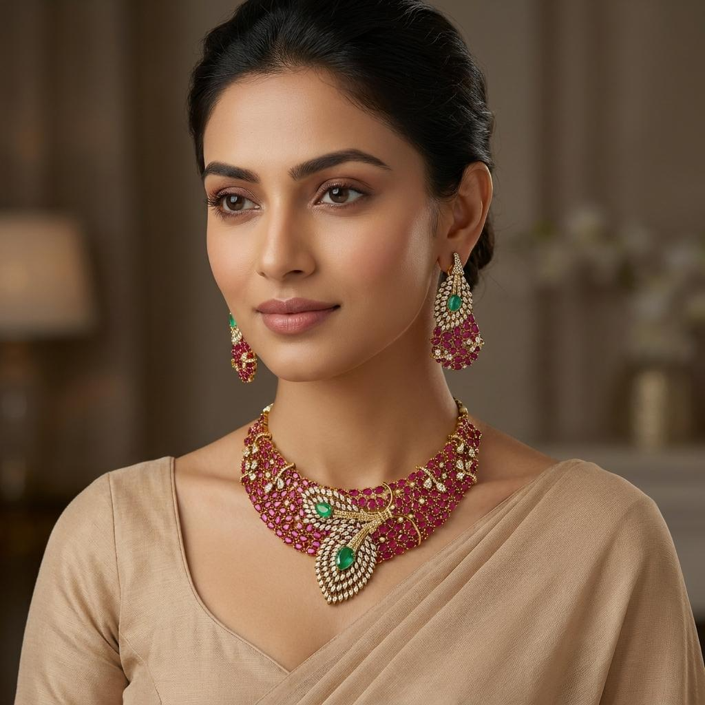 Peacock Ruby Emerald CZ Choker Set