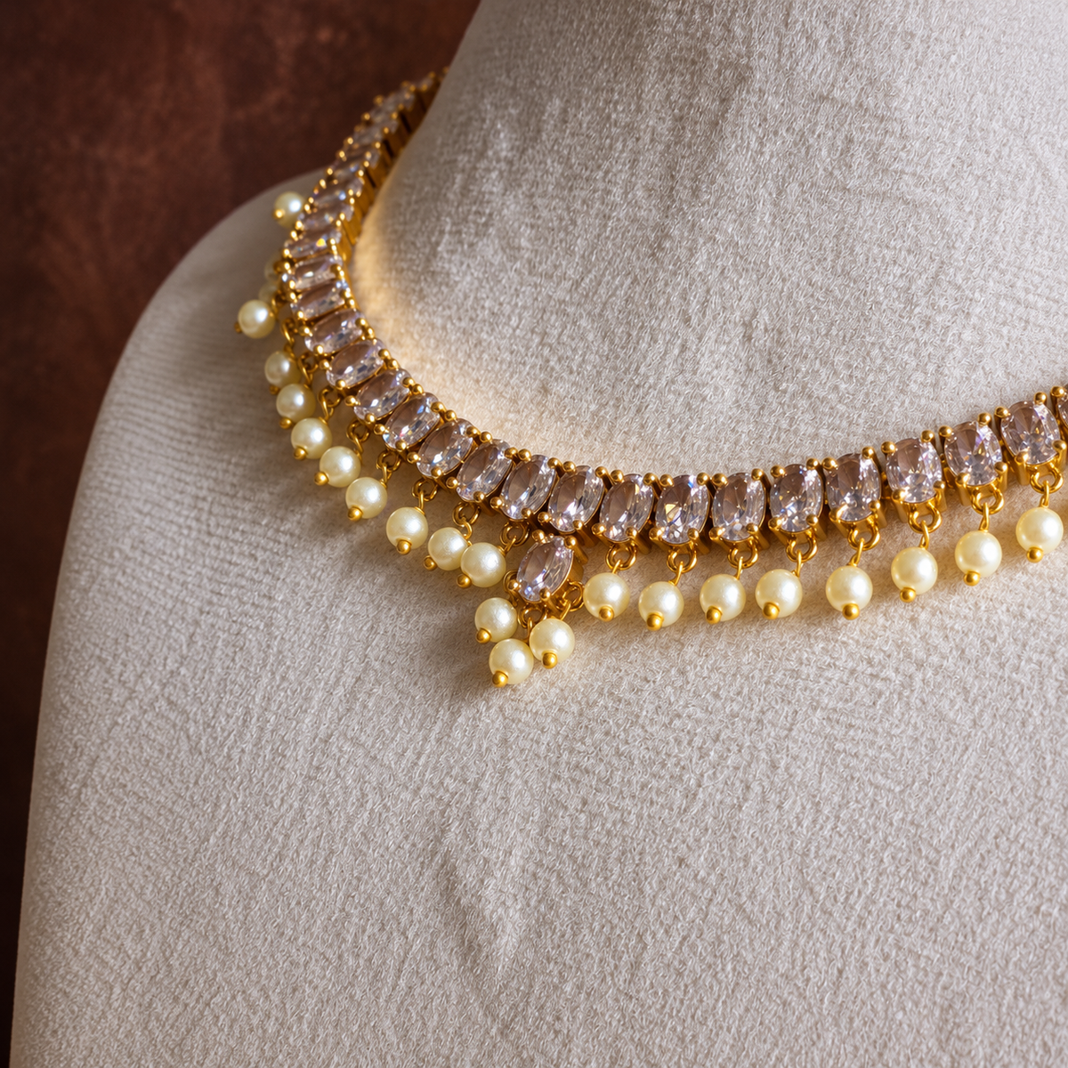 White Crystal Pearl Drop Choker Necklace Set